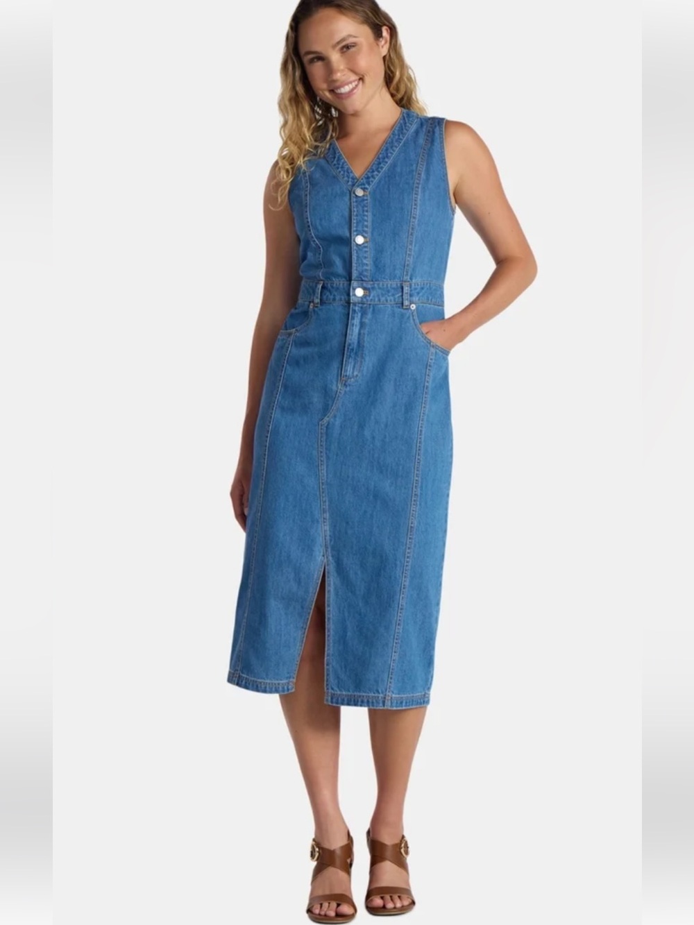 Time and Tru Women's Sleeveless Midi Denim Shirt Dress Size XL 16-18